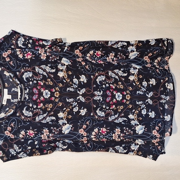 DR2 Tops - DR2 Women’s Medium Floral Multicolor Longer Back Short Sleeve Blouse Navy Blue